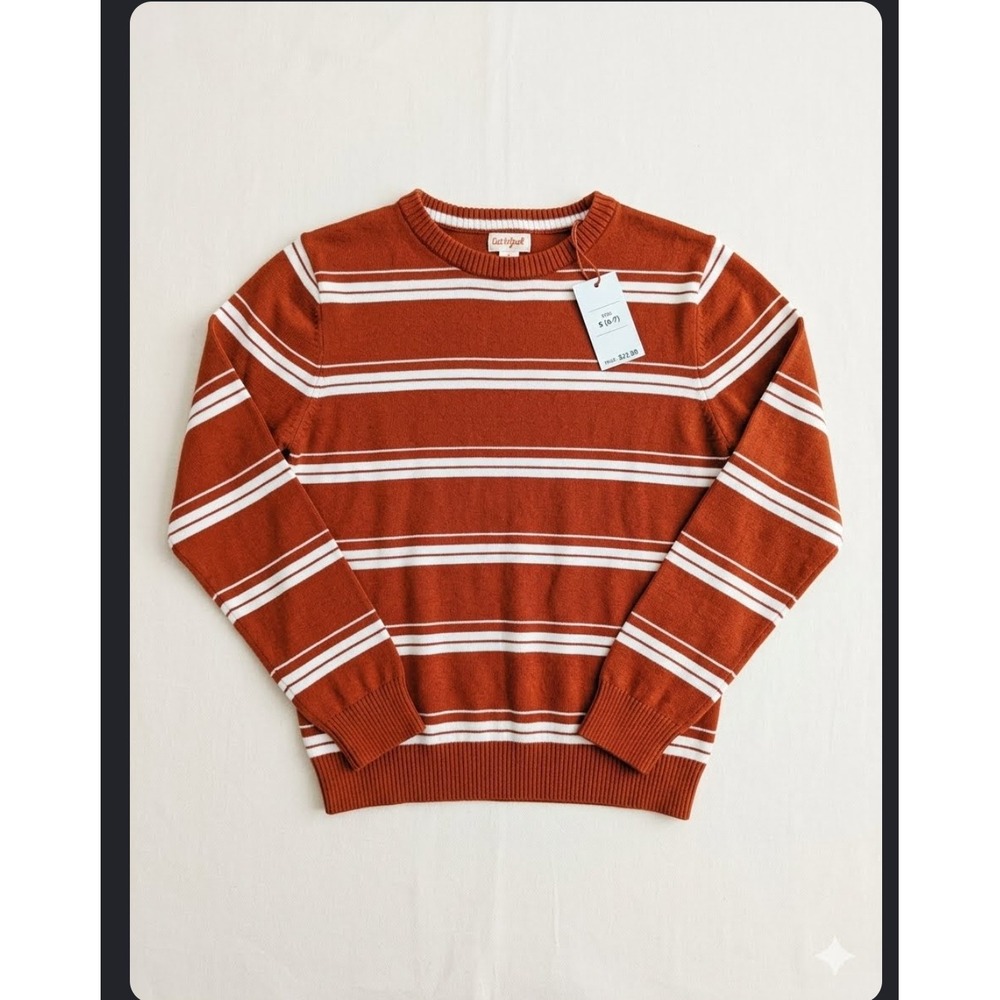 Cat & Jack Boys Rust Orange White Striped Crewneck Sweater Size L 10/12